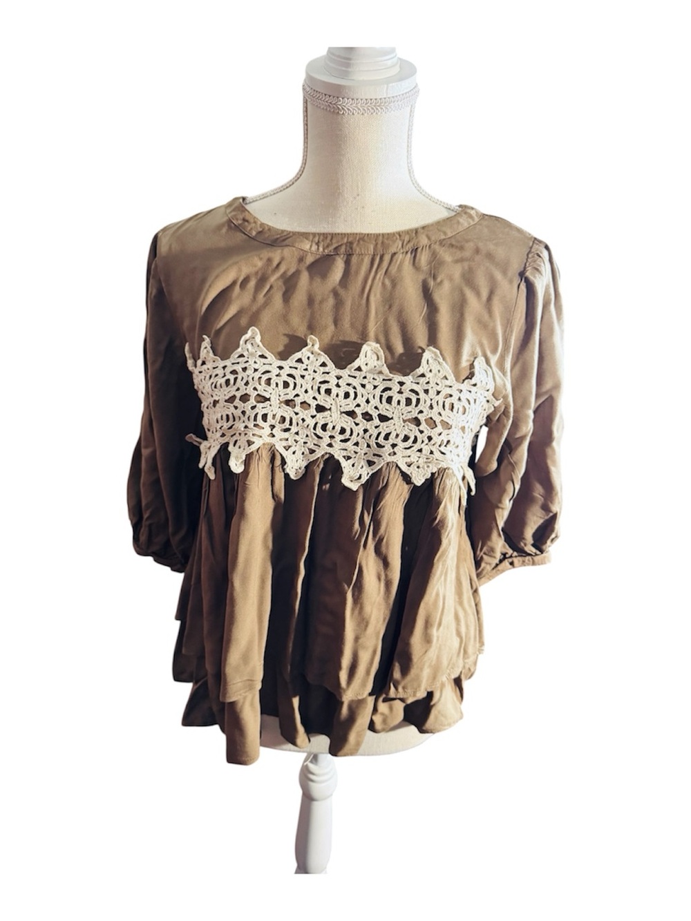 Boho Crochet-Accent Peasant Top - Brown